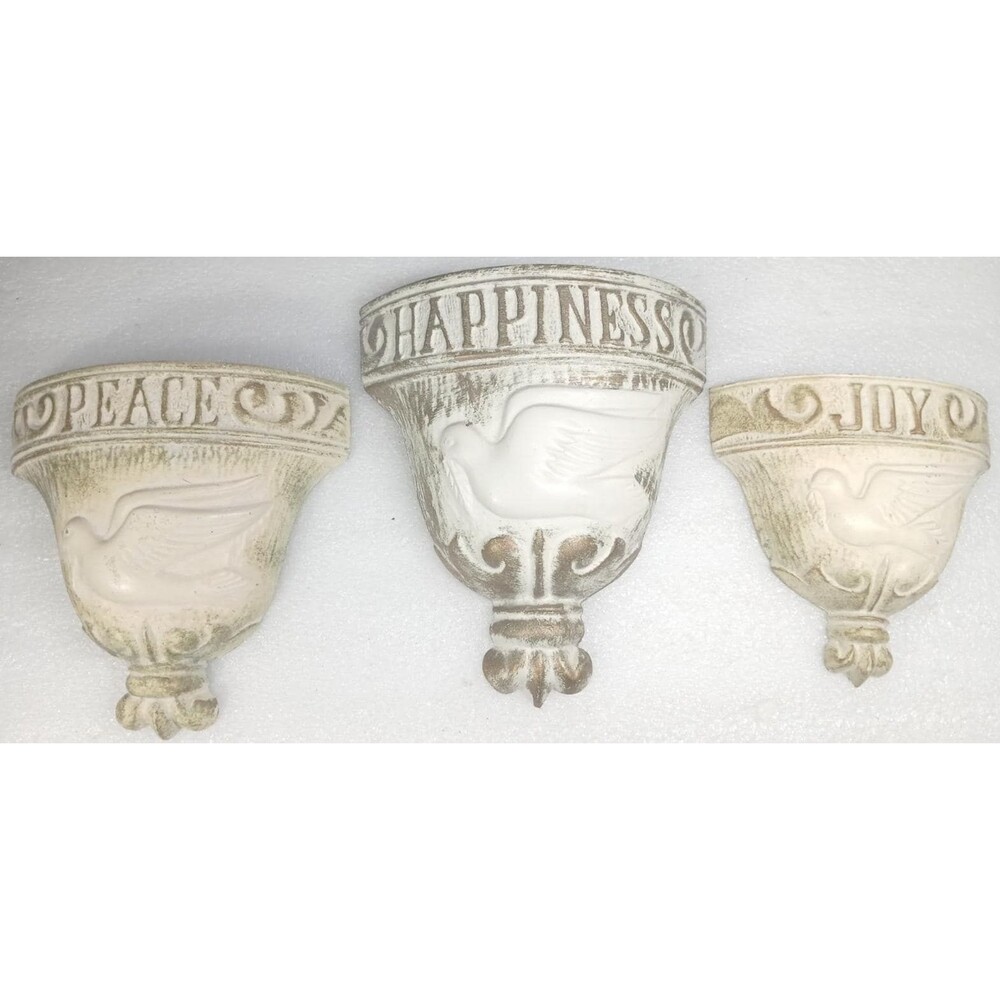 Royal Creations Cast Metal Wall Pockets Set Peace Joy Happiness Dove Motif